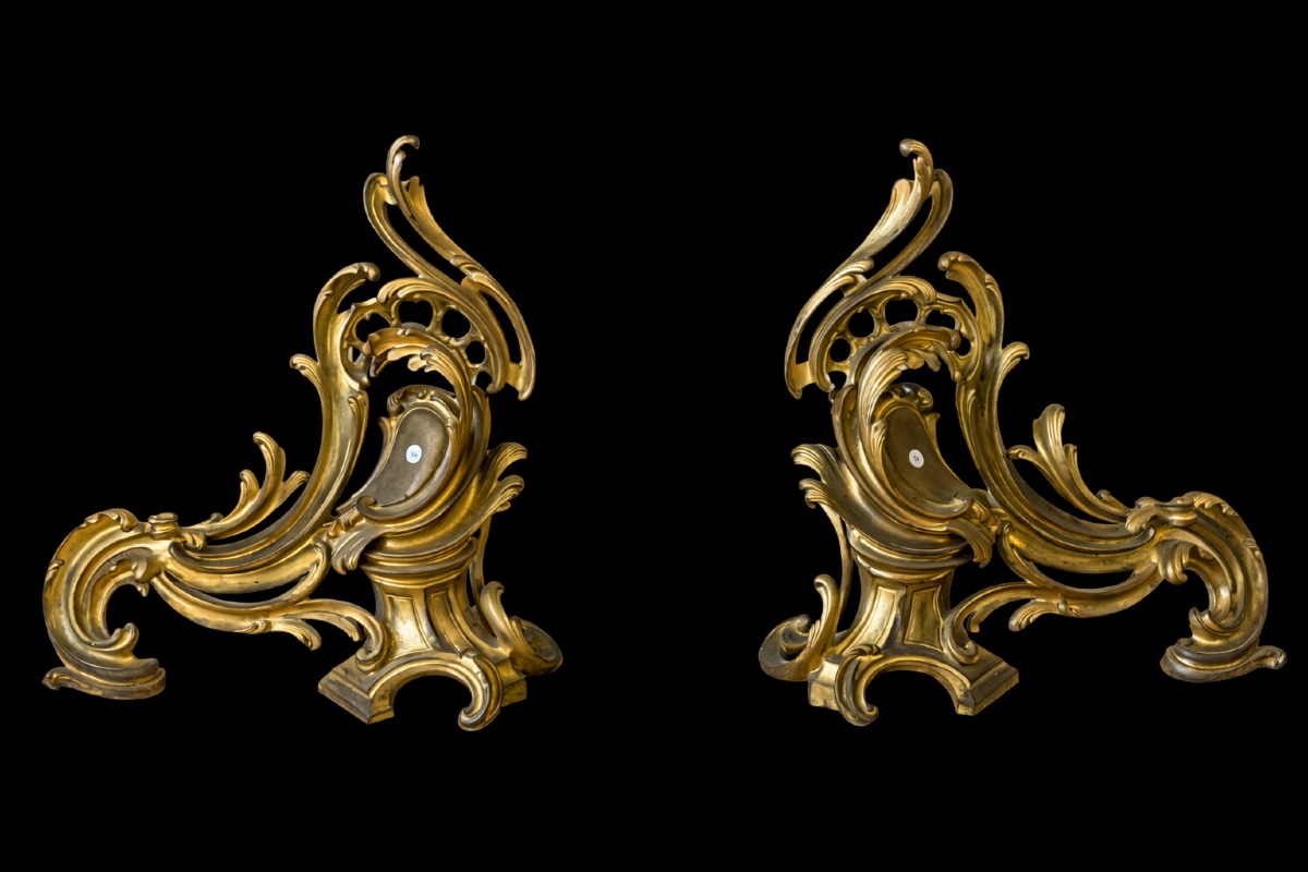Large Pair Of Rocaille Andirons Signed Bouhon, Dating From The 19th Century 