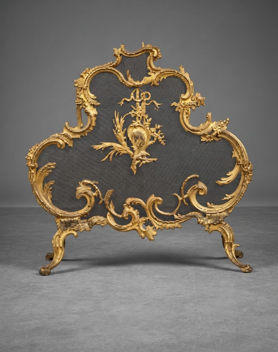 Fire Screen Antique Fireplace Made Of Gilded Bronze From The Late 19th Century 