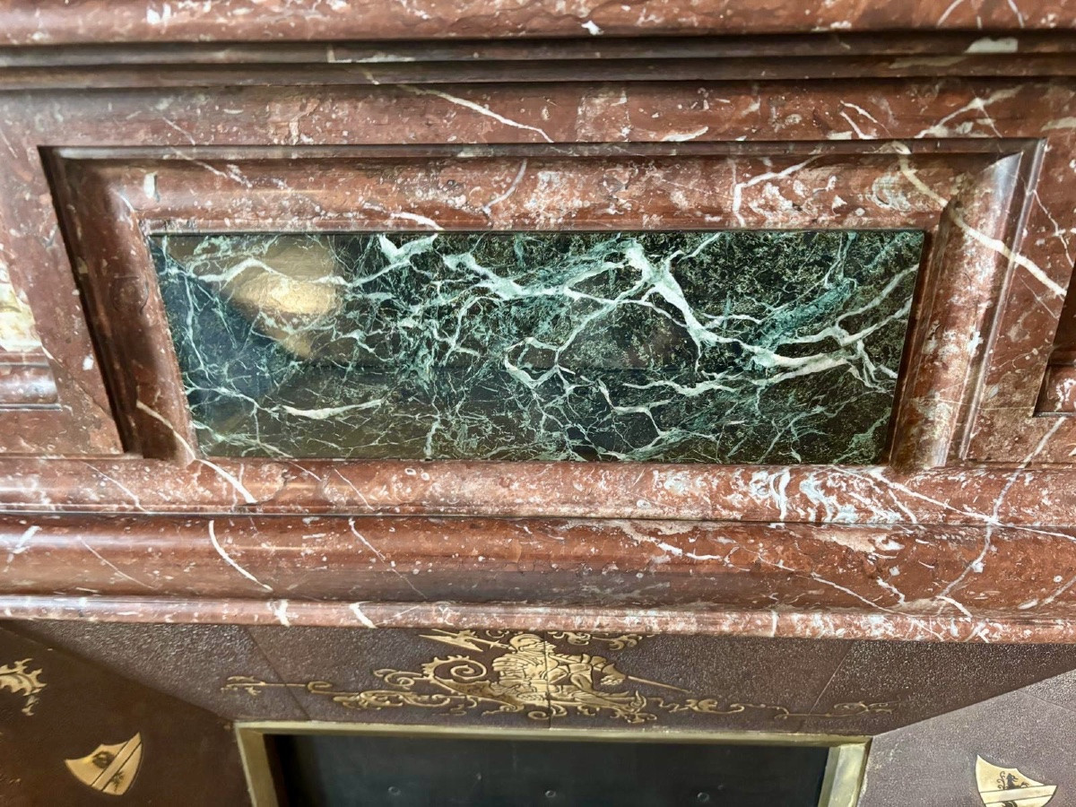 Antique Louis XIII Style Fireplace With A Hood, Made Of Red Marble, Late 19th Century -photo-4