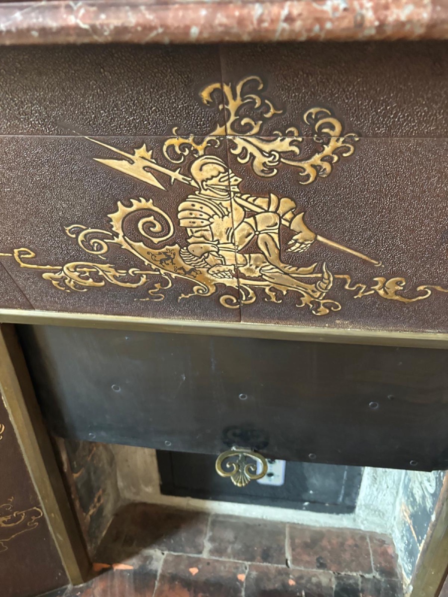 Antique Louis XIII Style Fireplace With A Hood, Made Of Red Marble, Late 19th Century -photo-1