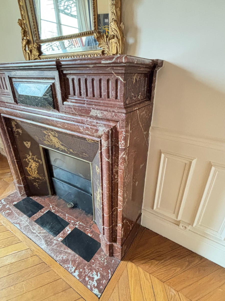 Antique Louis XIII Style Fireplace With A Hood, Made Of Red Marble, Late 19th Century -photo-5