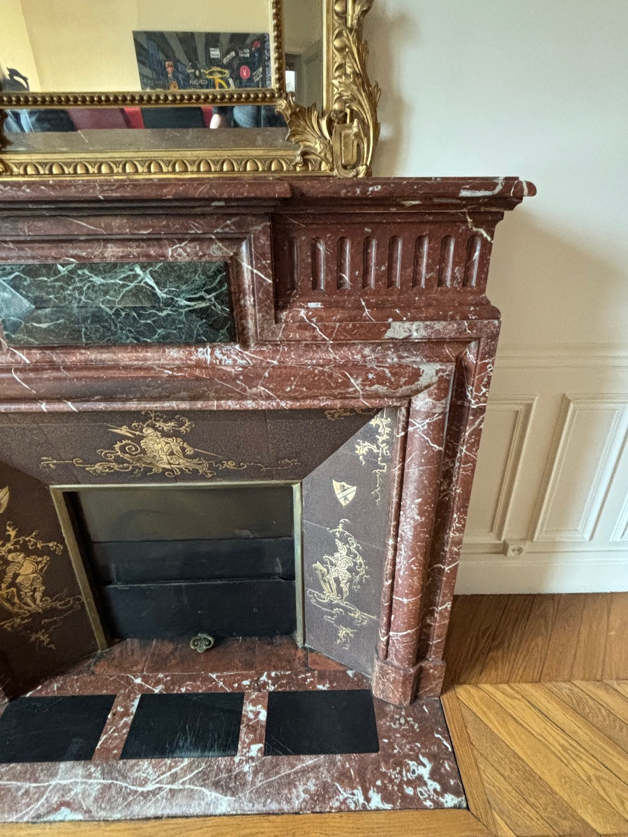 Antique Louis XIII Style Fireplace With A Hood, Made Of Red Marble, Late 19th Century -photo-6
