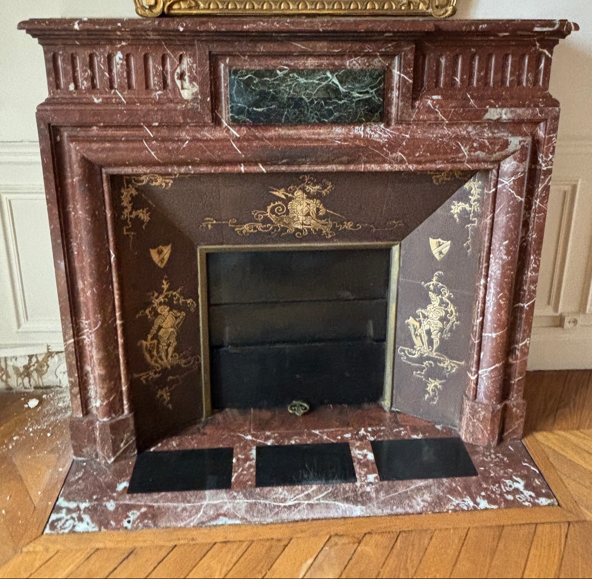 Antique Louis XIII Style Fireplace With A Hood, Made Of Red Marble, Late 19th Century 