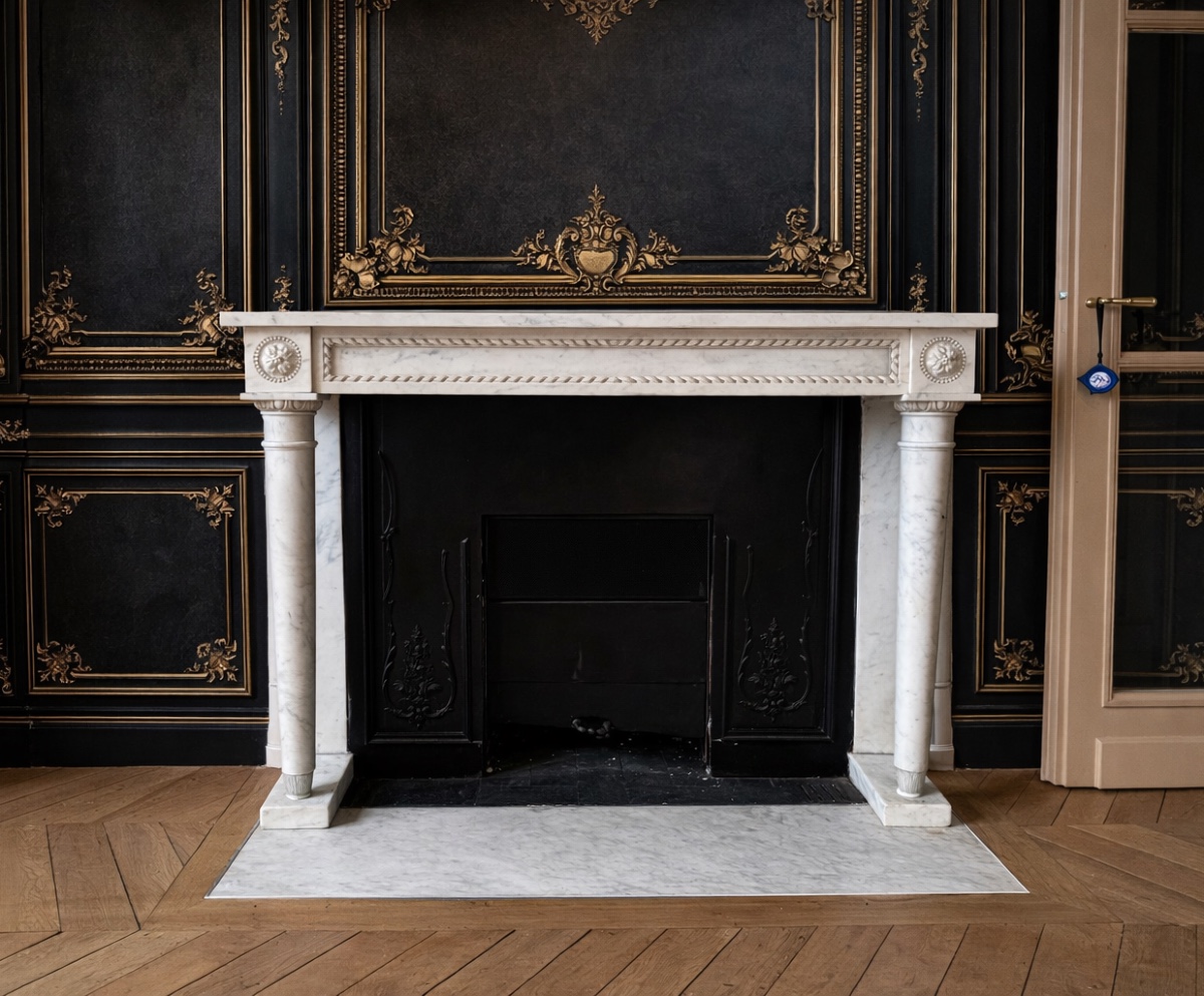 Antique Louis XVI Style Fireplace In White Marble With Columns And Rosettes