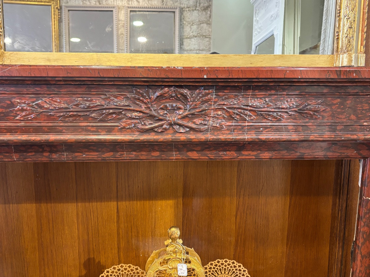 Louis XVI Style Marble Fireplace Made In The 19th Century In Griotte Red Marble-photo-2
