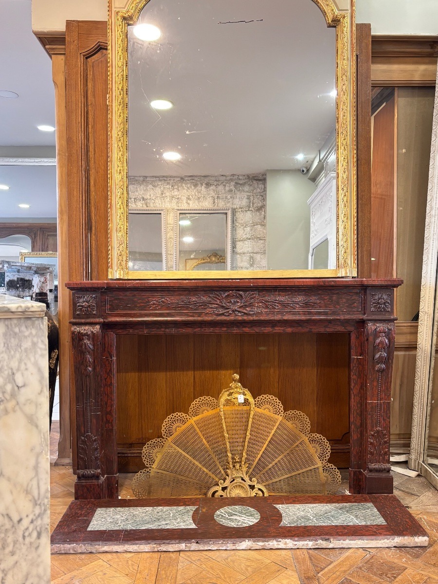 Louis XVI Style Marble Fireplace Made In The 19th Century In Griotte Red Marble-photo-4
