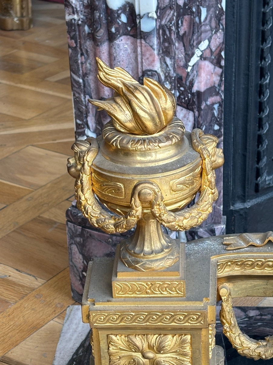 Important Pair Of Gilt Bronze Andirons, Louis XVI Style Andirons, France, Late 19th Century-photo-2