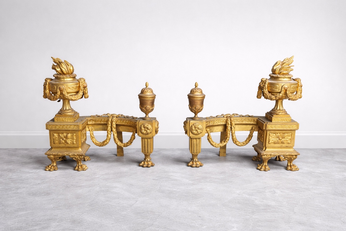 Important Pair Of Gilt Bronze Andirons, Louis XVI Style Andirons, France, Late 19th Century
