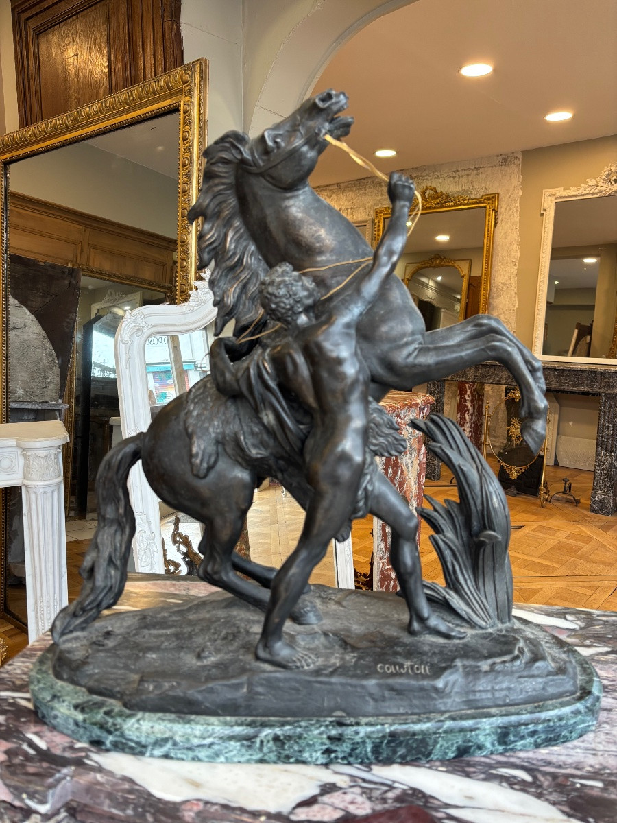 Bronze After Guillaume Coustou (1677–1746) The Horses Of Marly Bronze With Brown And Gilt Patina-photo-1