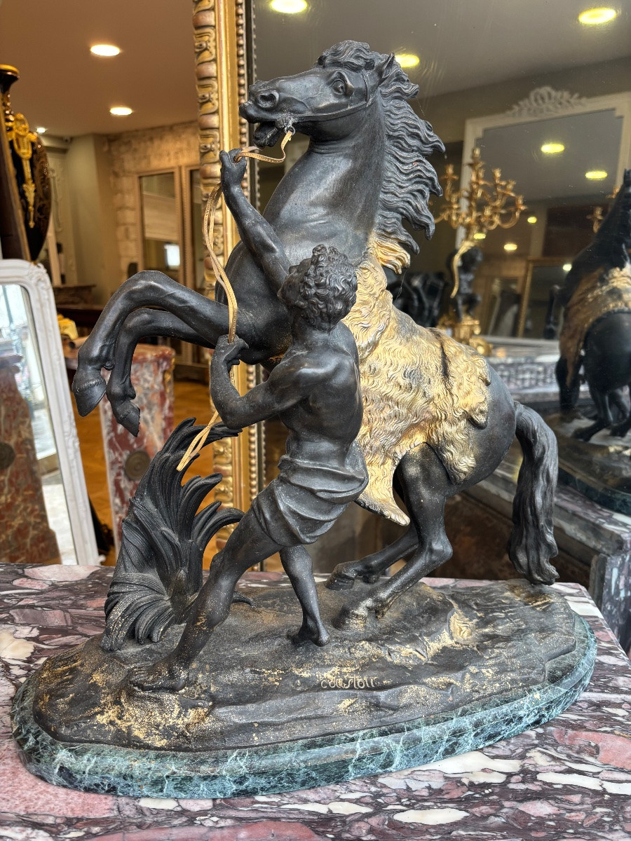 Bronze After Guillaume Coustou (1677–1746) The Horses Of Marly Bronze With Brown And Gilt Patina-photo-5