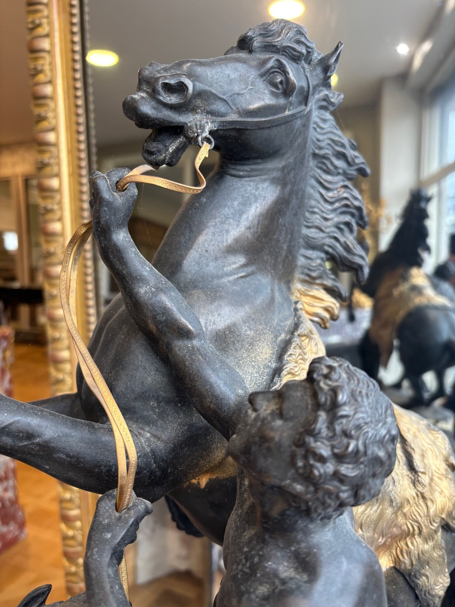 Bronze After Guillaume Coustou (1677–1746) The Horses Of Marly Bronze With Brown And Gilt Patina-photo-6