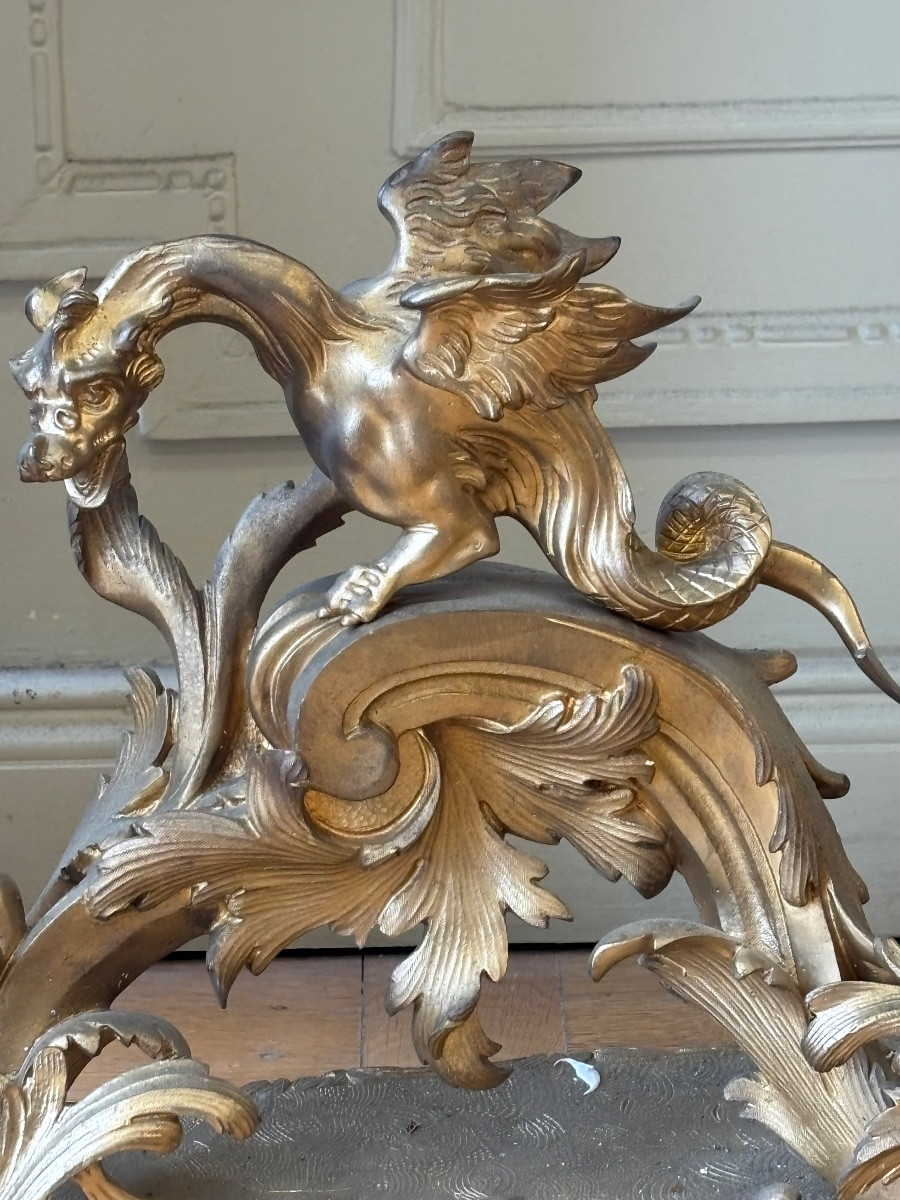 Grande Paire de chenets en bronze doré représentant des Griffons datant du XIXᵉ siècle.-photo-4