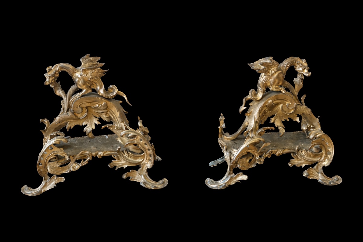 Grande Paire de chenets en bronze doré représentant des Griffons datant du XIXᵉ siècle.