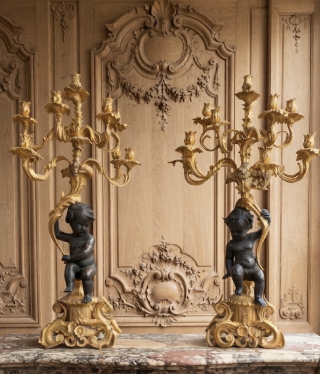 Grande Paire de Candélabres en bronze  de style Rocaille d’après Clodion fin du XIXeme siècle -photo-2
