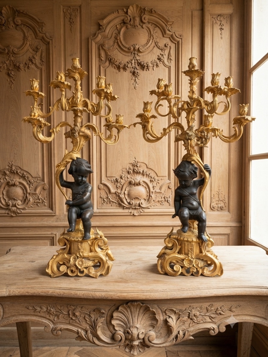 Grande Paire de Candélabres en bronze  de style Rocaille d’après Clodion fin du XIXeme siècle -photo-3