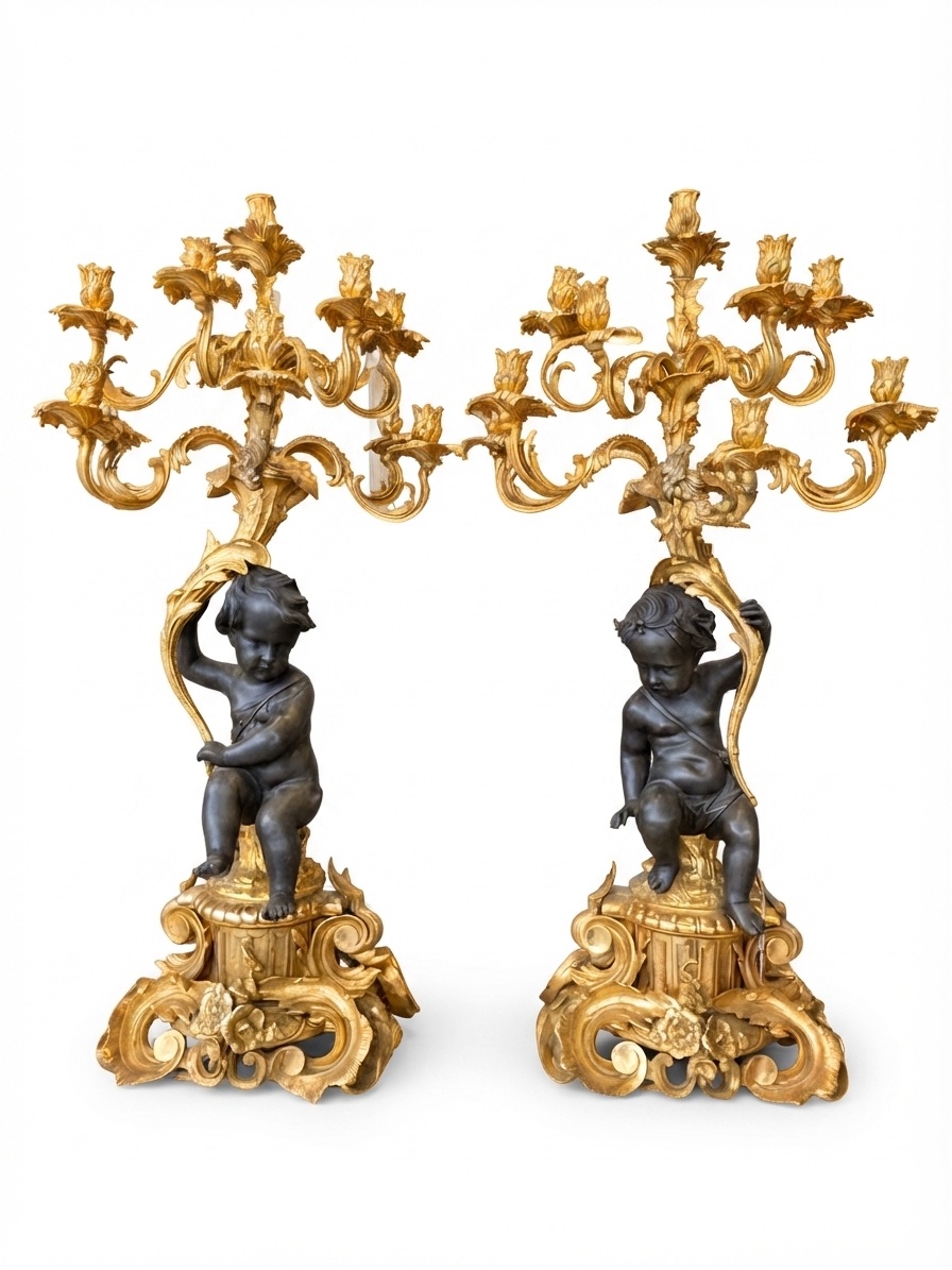 Grande Paire de Candélabres en bronze  de style Rocaille d’après Clodion fin du XIXeme siècle 