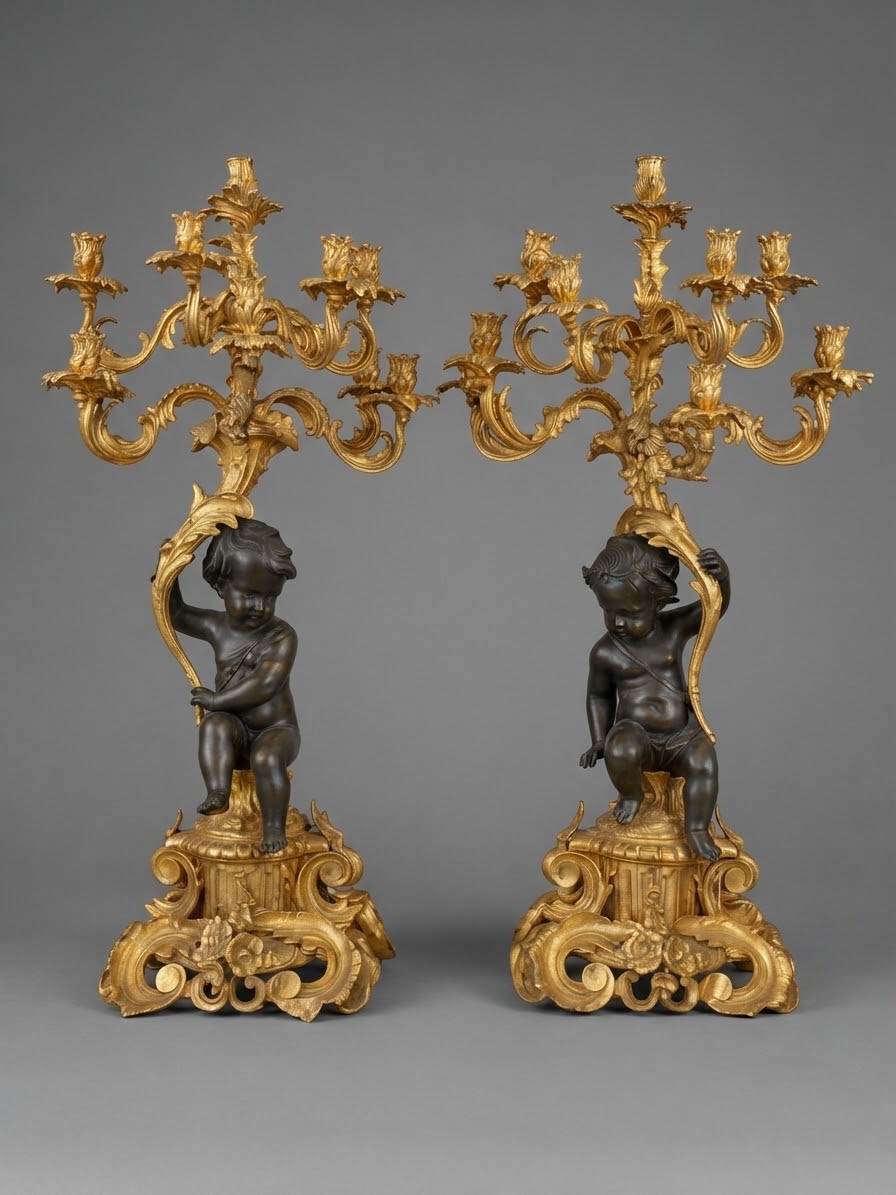 Large Pair Of Rococo Style Bronze Candelabra After Clodion, Late 19th Century 