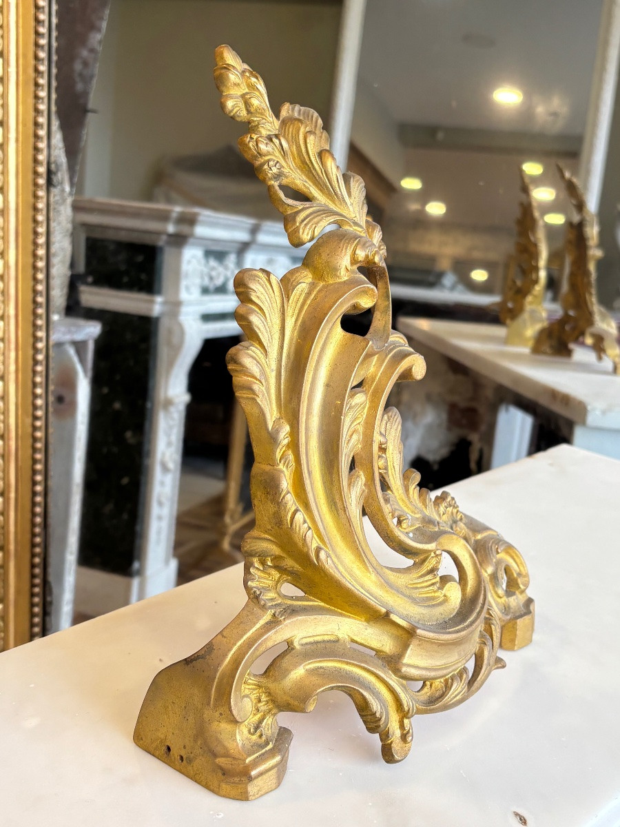 Paire de chenets en bronze doré de style Louis XV dans le goût rocaille fin XIXeme siècle -photo-3