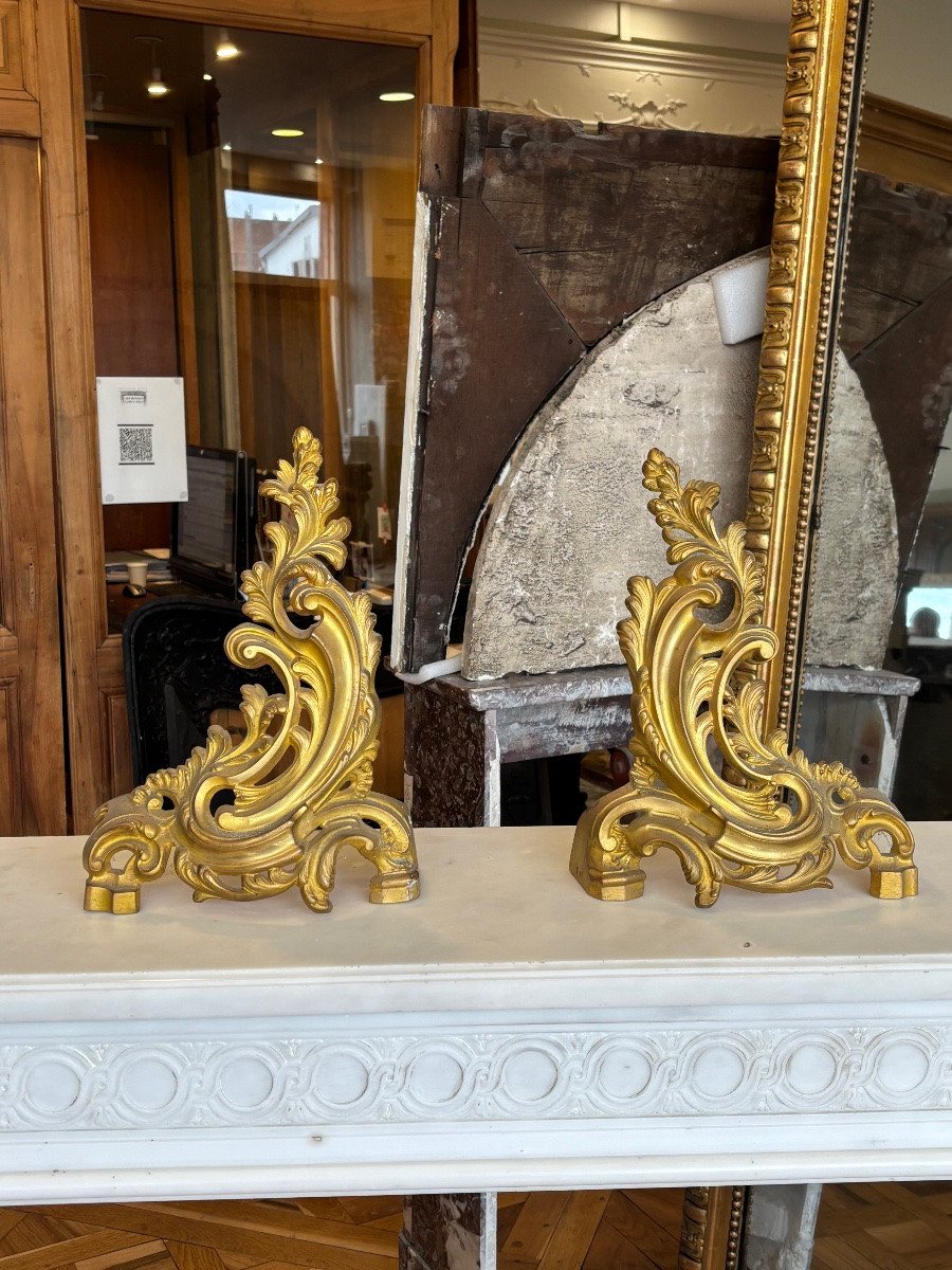 Paire de chenets en bronze doré de style Louis XV dans le goût rocaille fin XIXeme siècle -photo-1