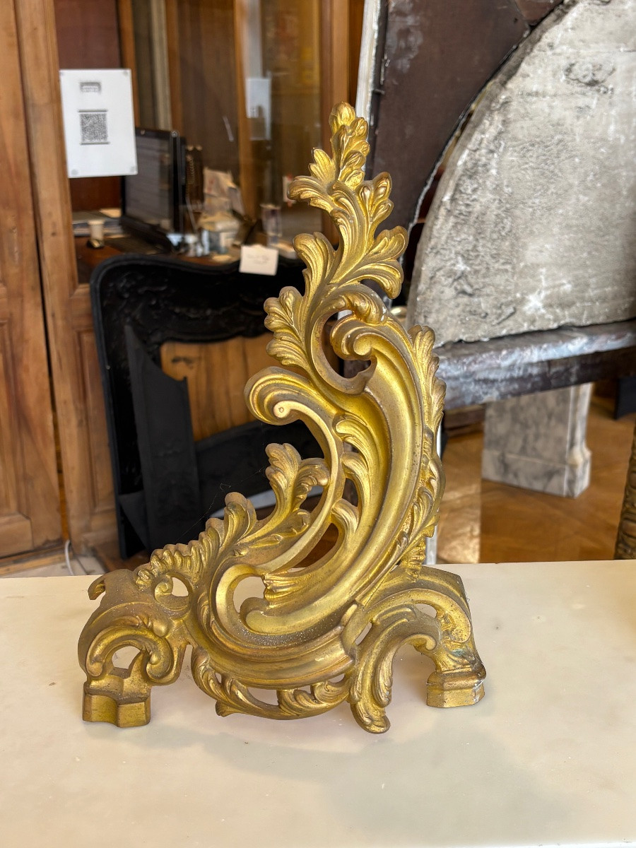 Paire de chenets en bronze doré de style Louis XV dans le goût rocaille fin XIXeme siècle -photo-3