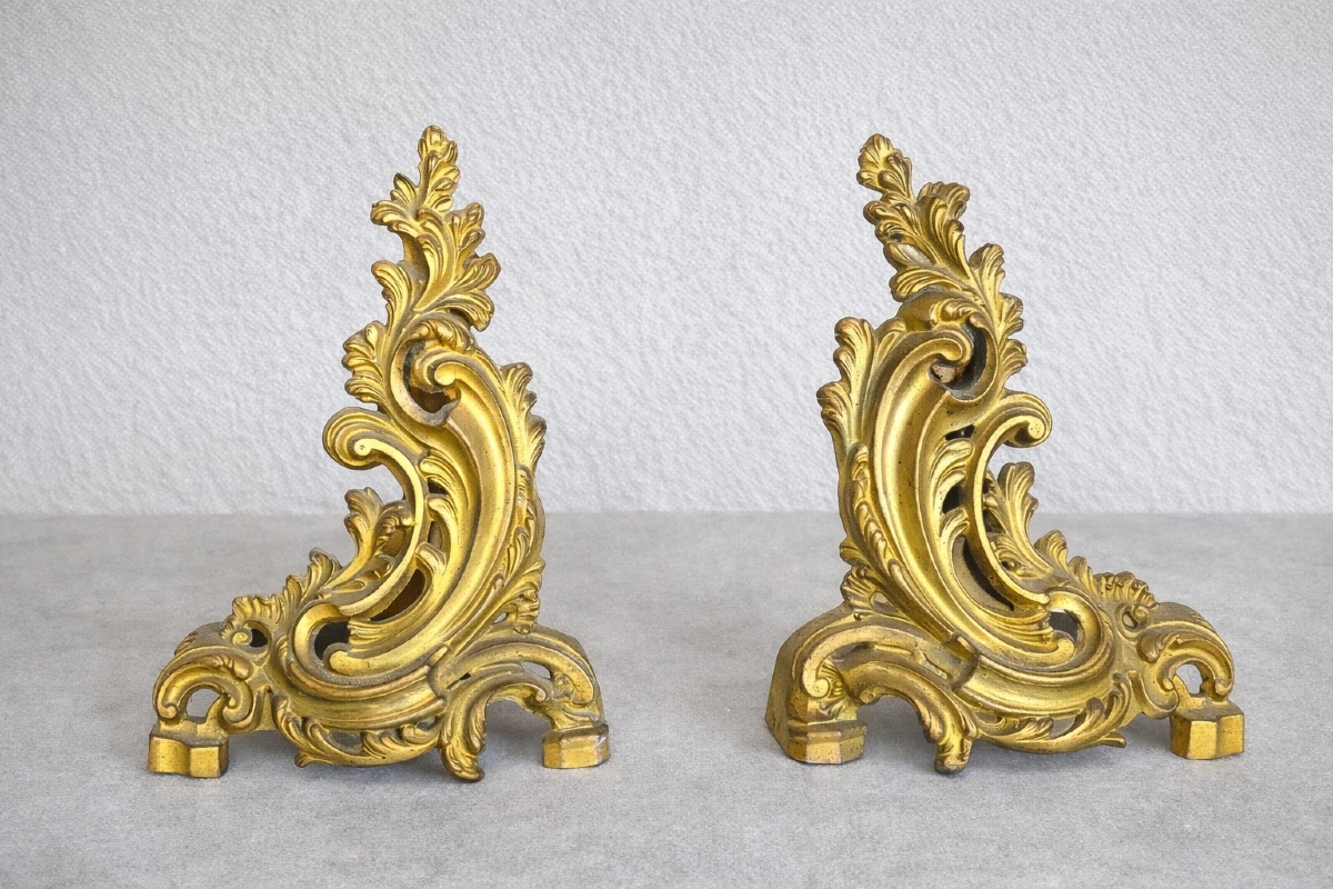 Paire de chenets en bronze doré de style Louis XV dans le goût rocaille fin XIXeme siècle 
