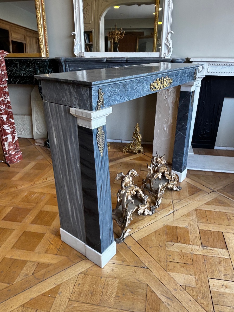 Rare Cheminée Ancienne D’époque Empire En Marbre Bleu Turquin Et Blanc Statuaire à Bronze-photo-3