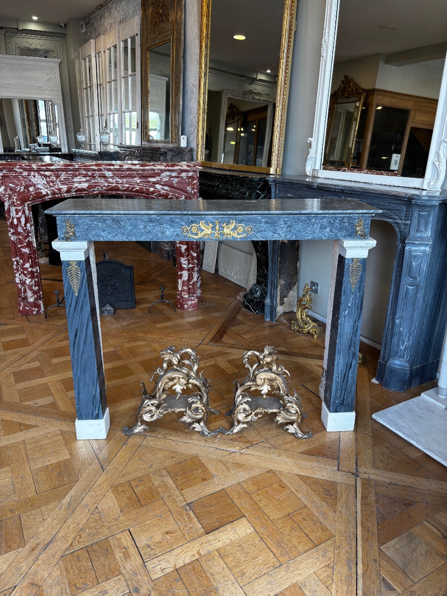 Rare Cheminée Ancienne D’époque Empire En Marbre Bleu Turquin Et Blanc Statuaire à Bronze