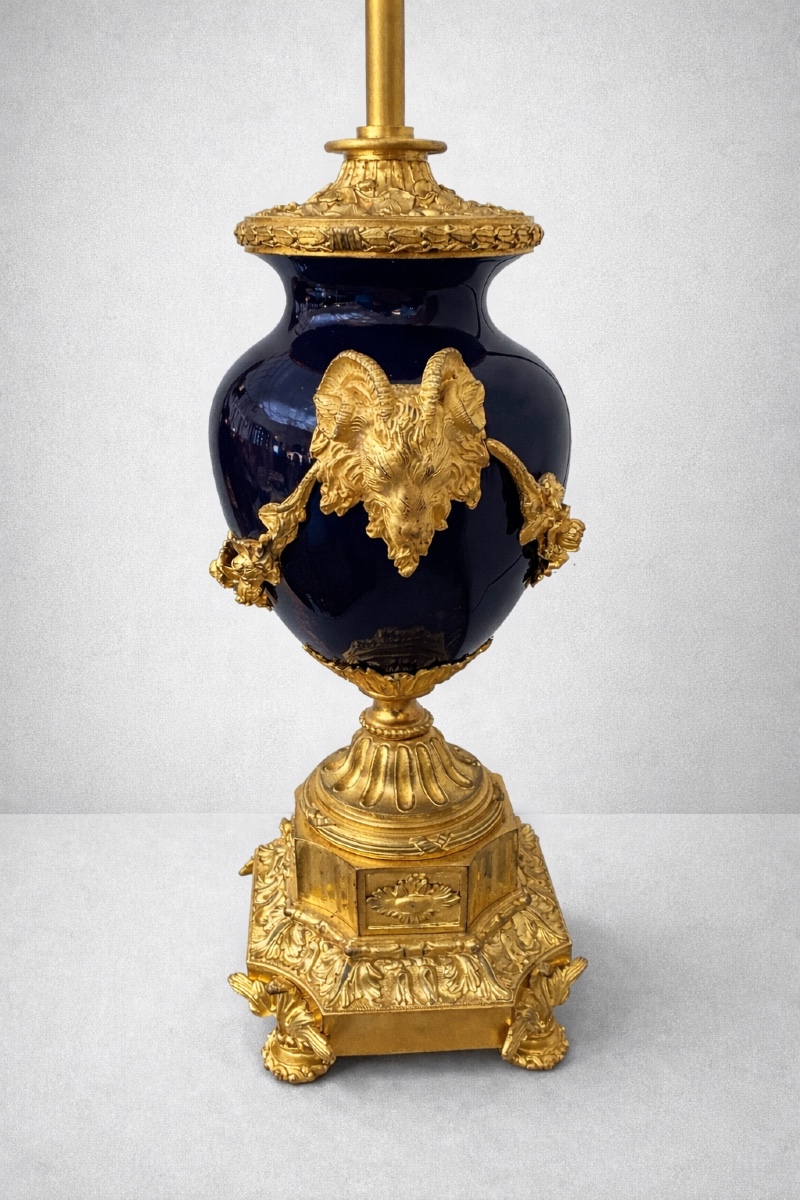 Late 19th Century Blue Porcelain Lamp Decorated With Garlands Held By Rams' Heads.-photo-2