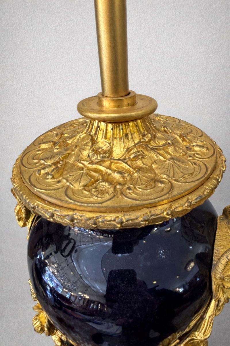 Late 19th Century Blue Porcelain Lamp Decorated With Garlands Held By Rams' Heads.-photo-1