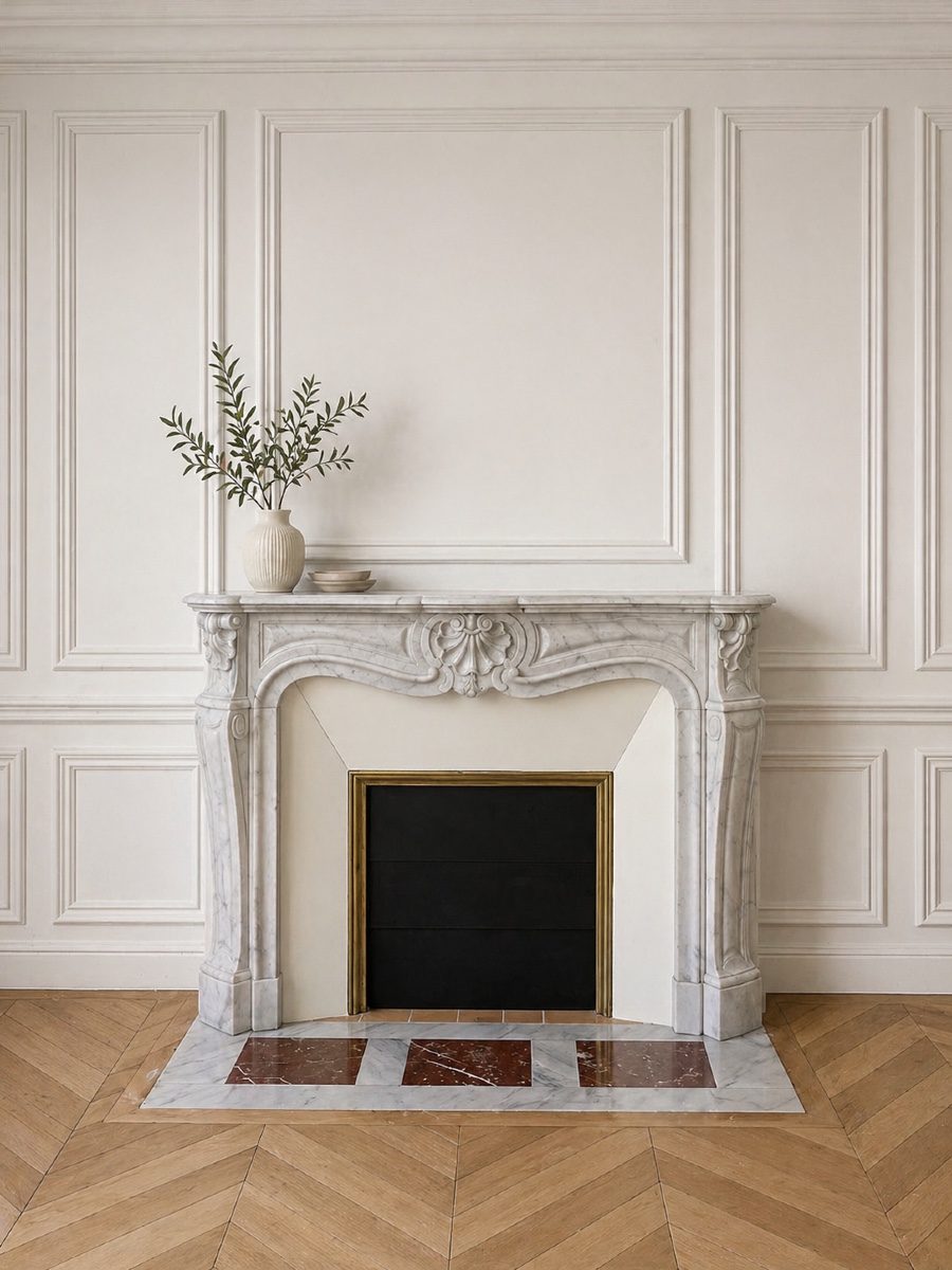 Antique Louis XV Style White Carrara Marble Mantel From The Late 19th Century
