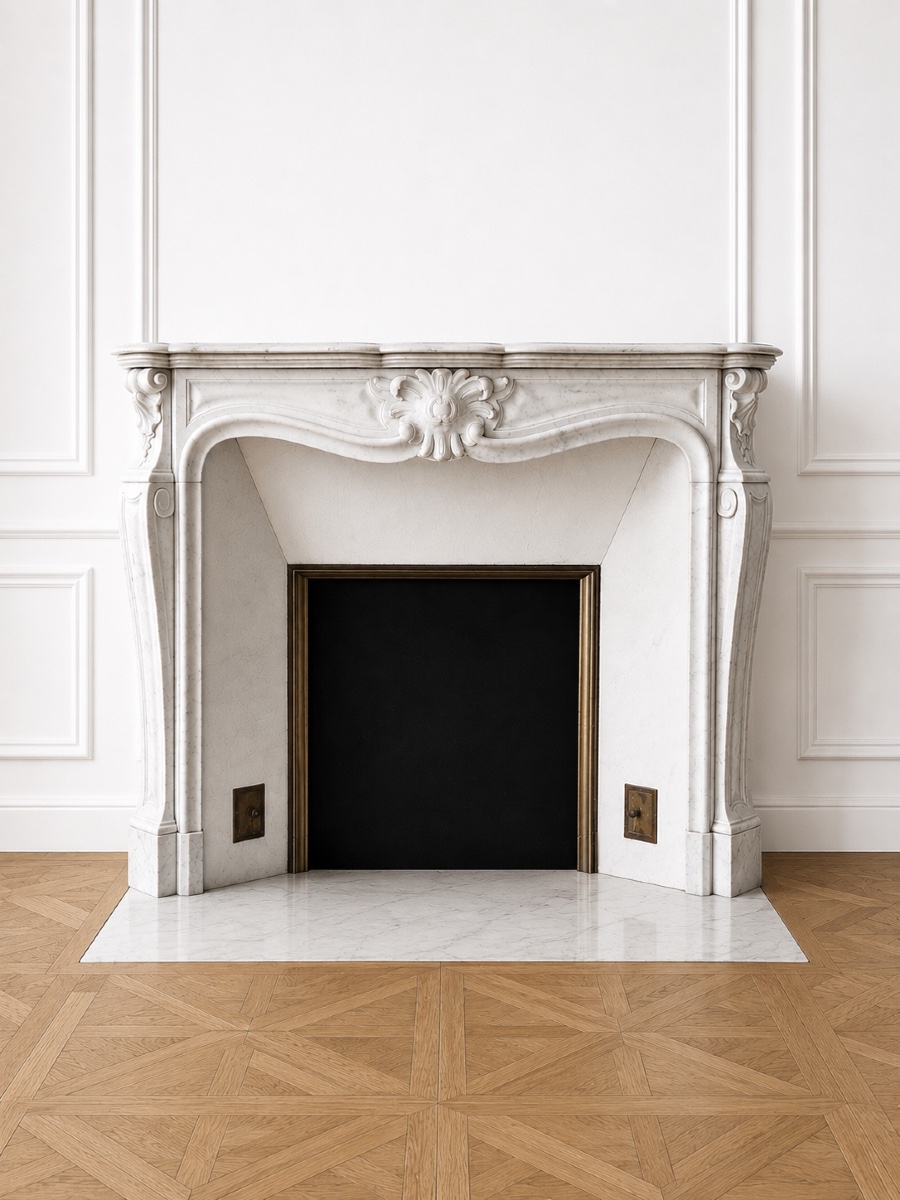 Antique Louis XV Style White Carrara Marble Mantel From The Late 19th Century