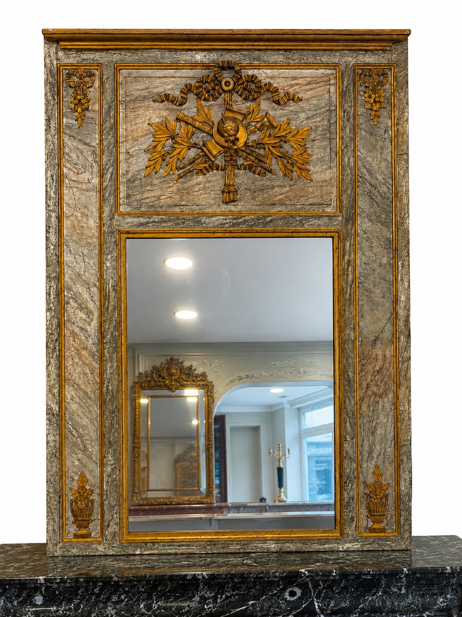 Louis XVI Period Trumeau In Wood Carved In Imitation Marble-photo-1