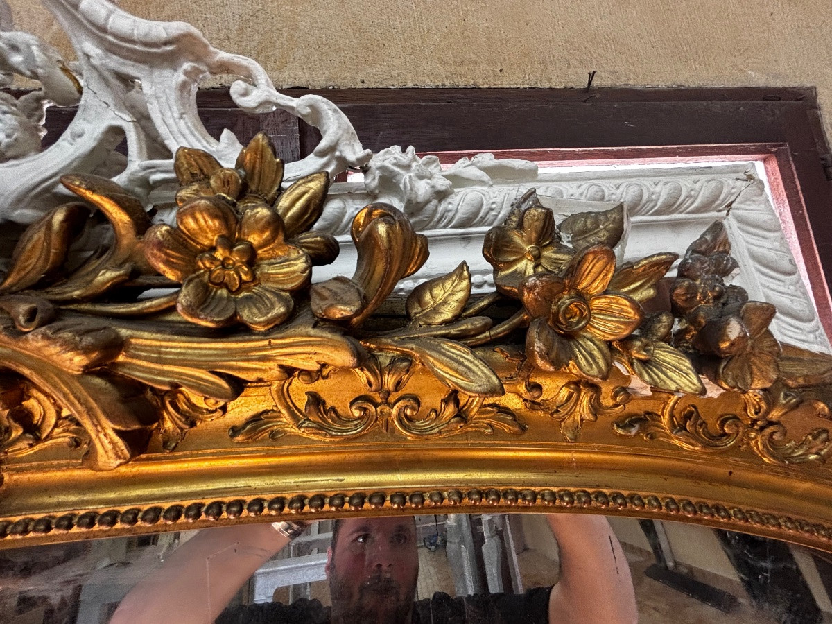 Miroir de cheminée  doré à la feuille d’or de style Louis XV datant de la fin XIXeme -photo-2