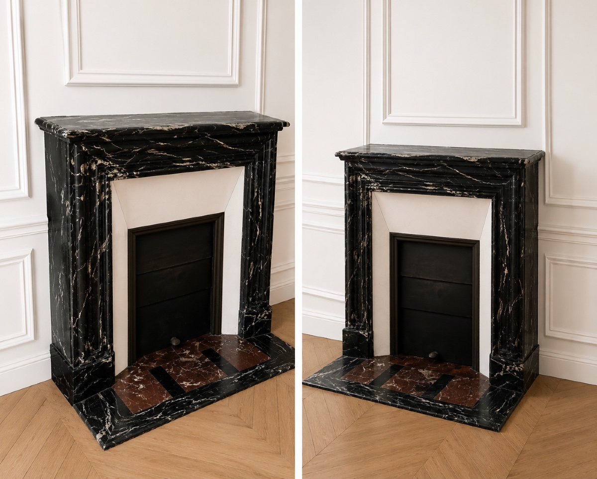 Cheminée ancienne de style Louis XIII réalisée en marbre Noir Marquina fin XIXeme siècle -photo-2