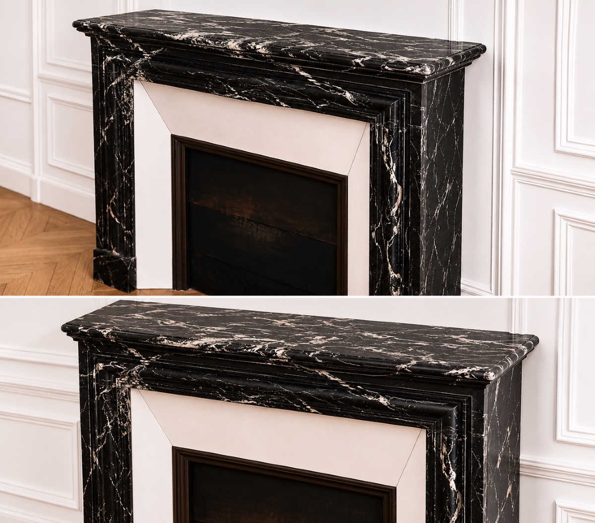 Cheminée ancienne de style Louis XIII réalisée en marbre Noir Marquina fin XIXeme siècle -photo-3