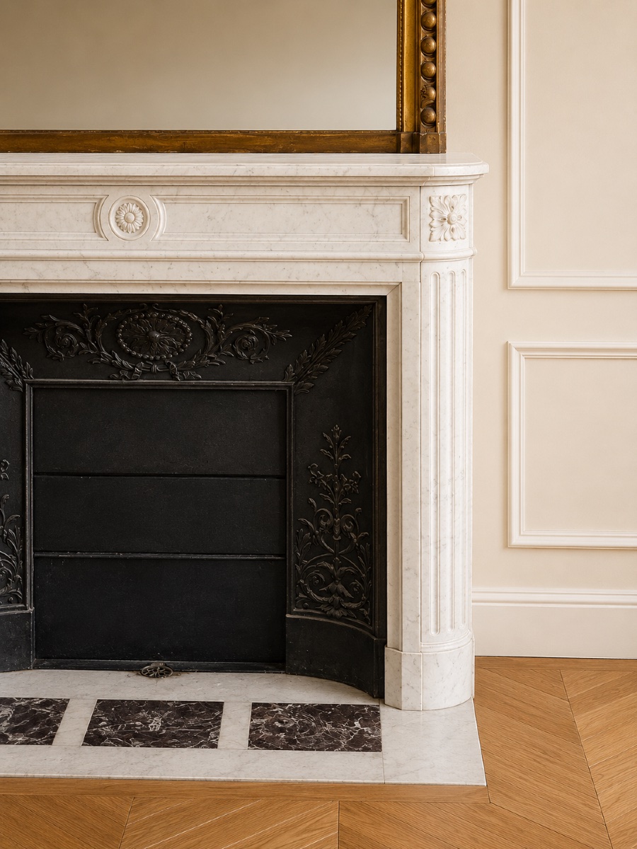 Cheminée ancienne de style Louis XVI réalisée en marbre de Carrare Blanc fin XIXeme siècle -photo-4