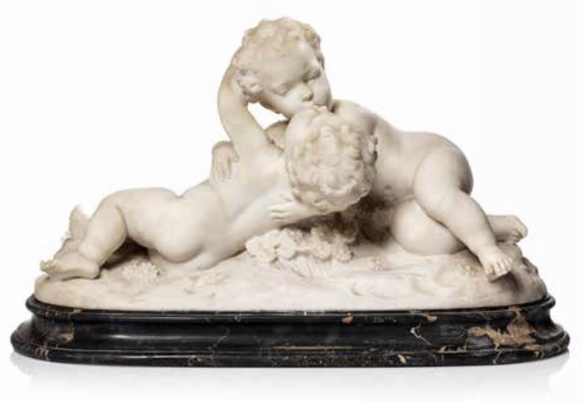  White Statue Marble Sculpture Depicting Two Young Cupids Embraced, 19th Century 