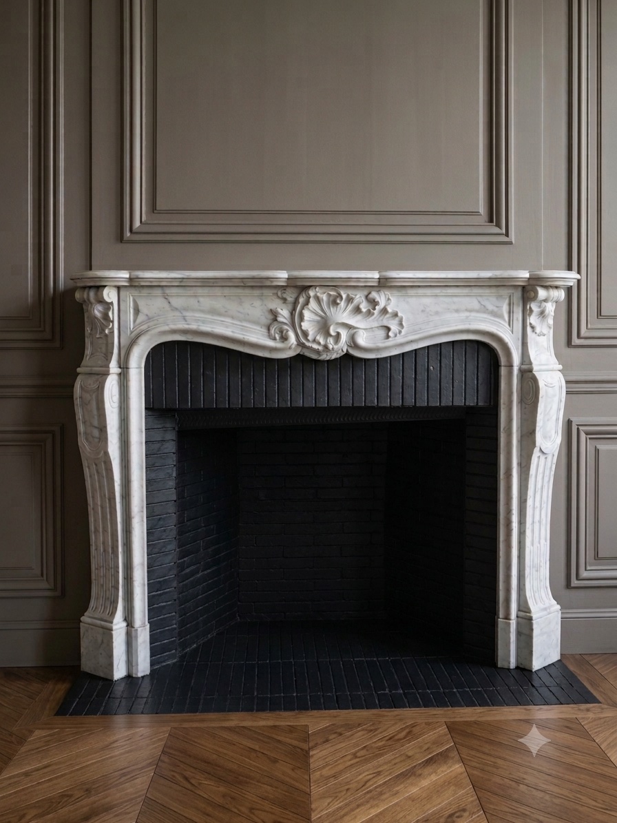 Cheminée ancienne en marbre blanc de carrare style Louis XV datant de la fin du XIXeme siècle 