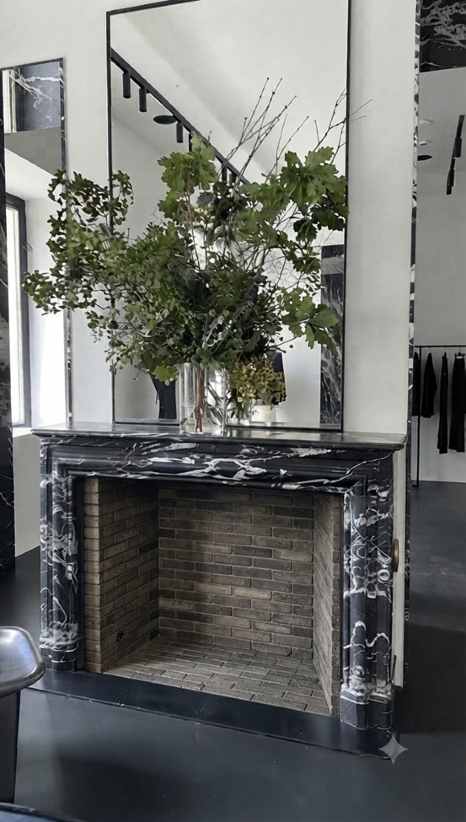 Cheminée ancienne de style Louis XIII Boudin réalisée en marbre Noir Marquina fin XIXeme siècle-photo-2