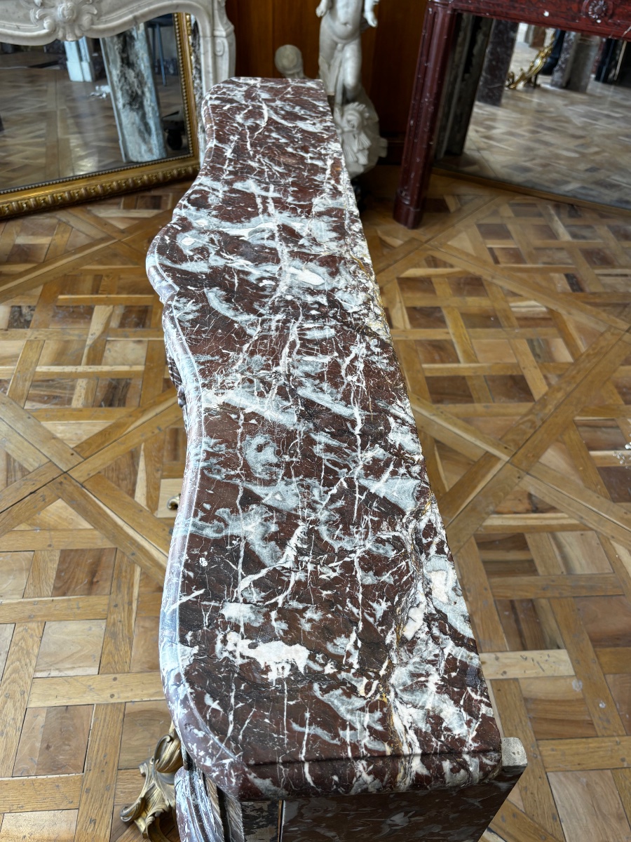 Cheminée ancienne d’époque Louis XV réalisée en marbre rouge-photo-2