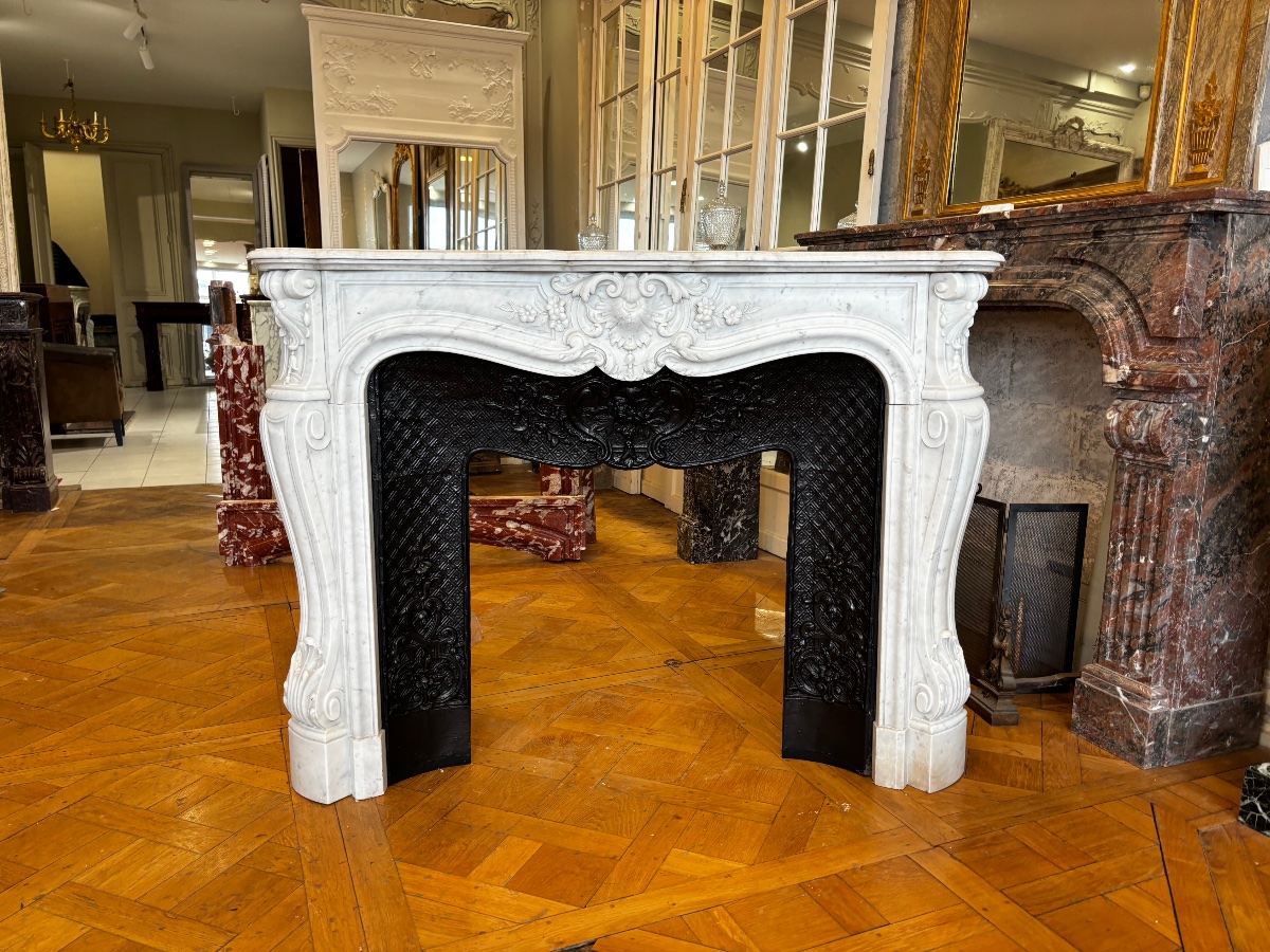 Antique Louis XV-style Fireplace Made Of White Carrara Marble, Dating From The 19th Century 