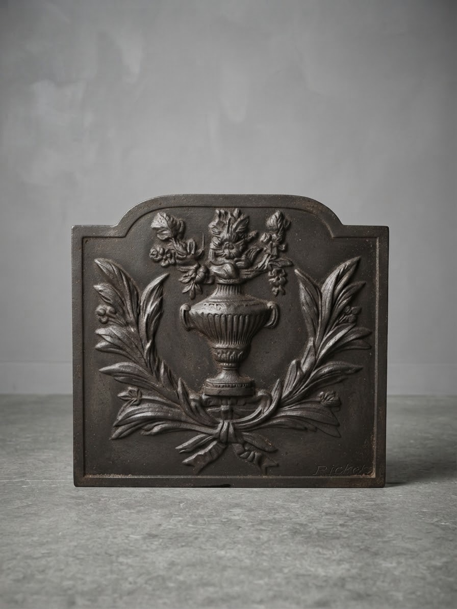 Petite plaque de Cheminee en Fonte  à décor d’un Vase Médicis et Guirlande de Fleurs