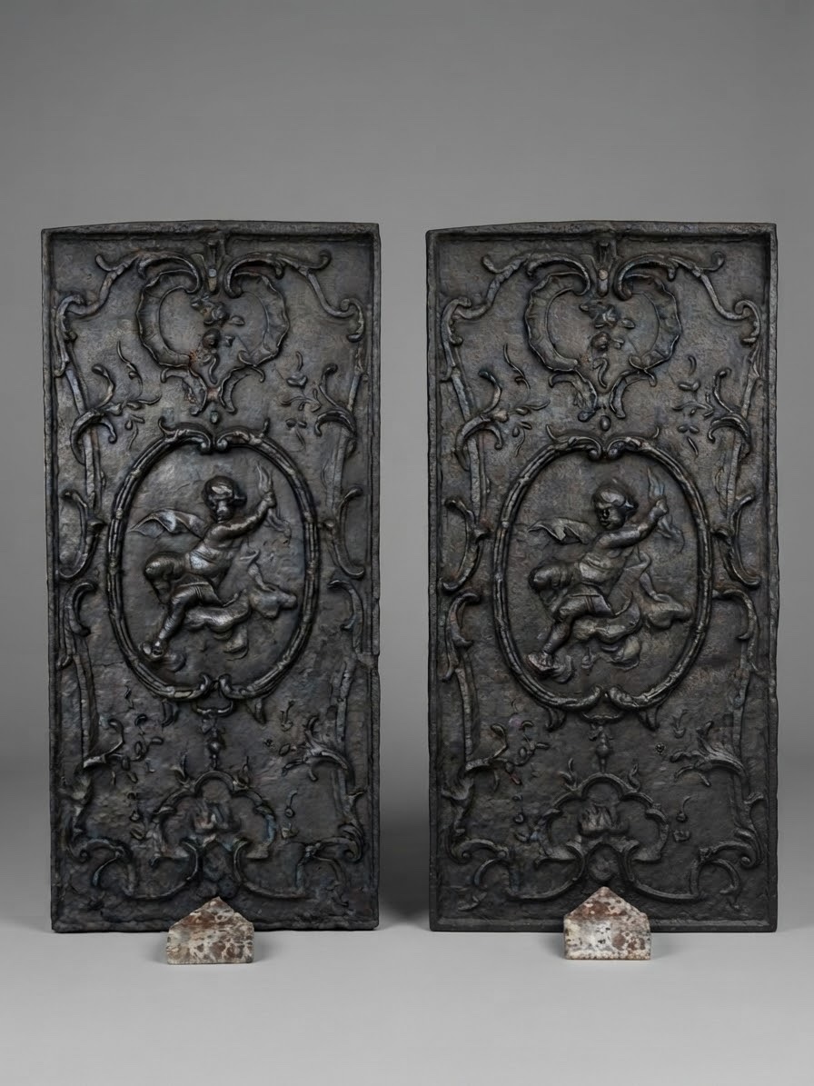 Pair Of Cast-iron Mantelpieces Decorated With Cherubs, 19th Century