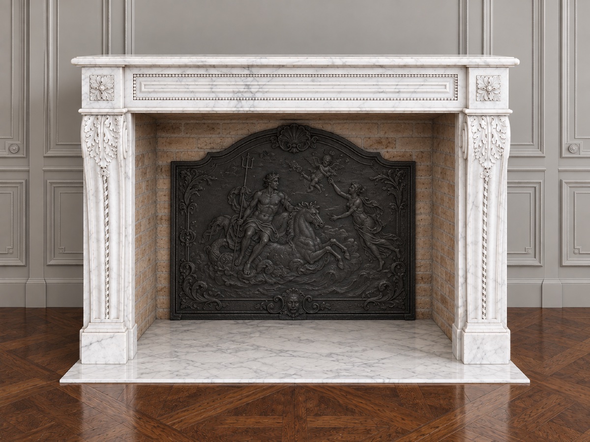 Antique Fireplace Dating From The Late 19th Century, Made Of Blanc Demi Statuaire Marble 