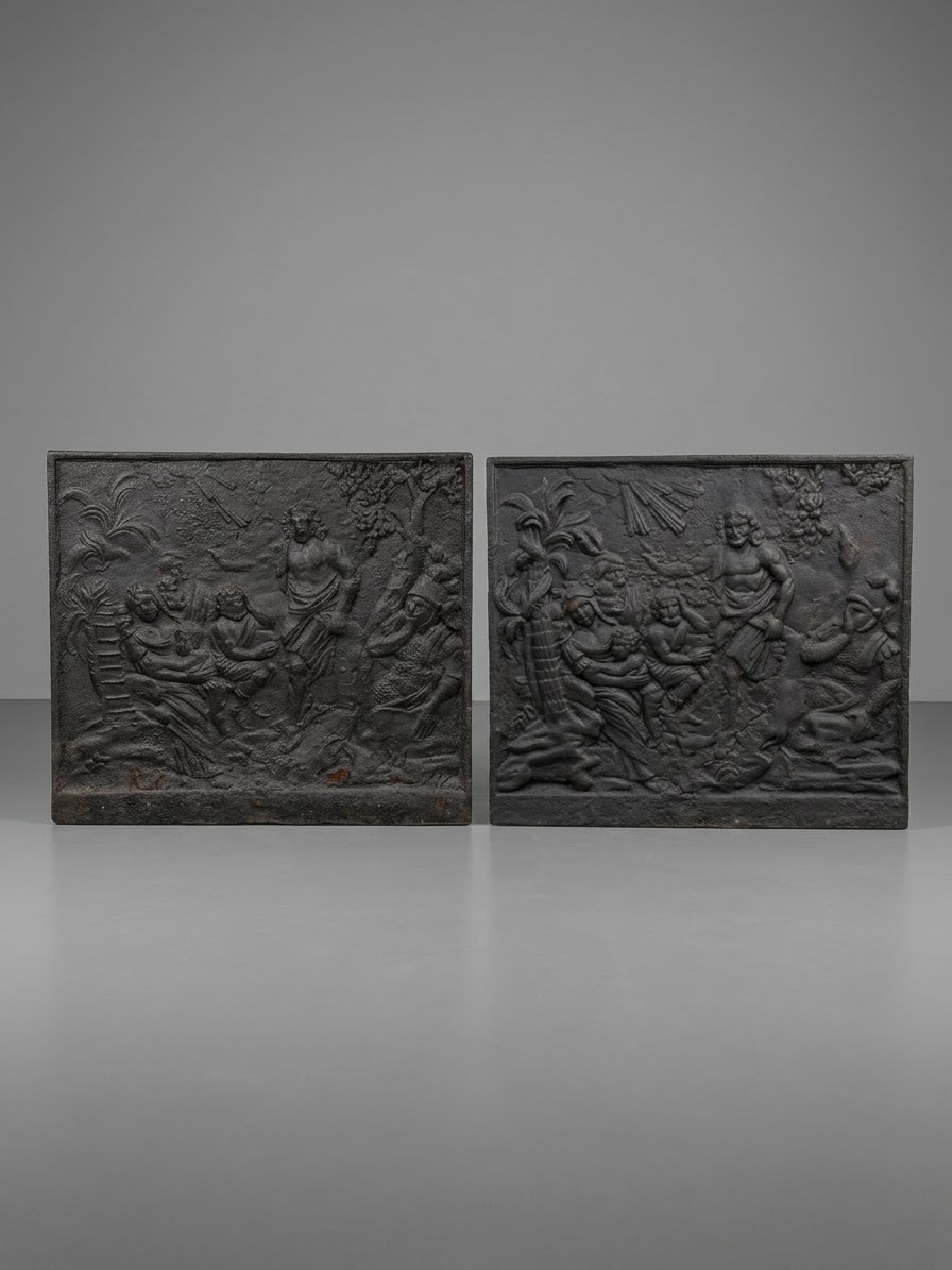 Paire de plaques de cheminée anciennes en fonte  représentant une scène biblique -photo-2