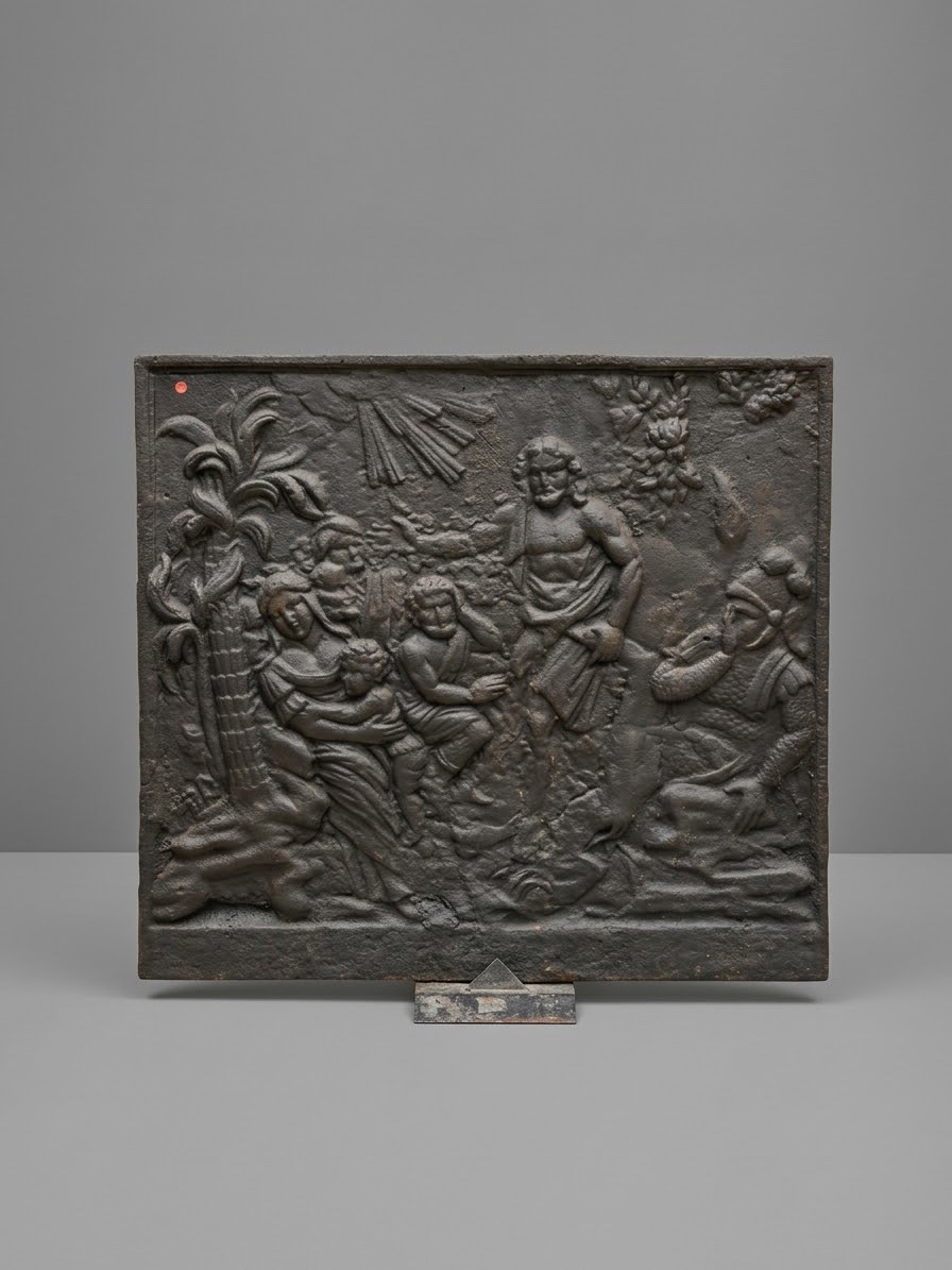 Paire de plaques de cheminée anciennes en fonte  représentant une scène biblique -photo-3