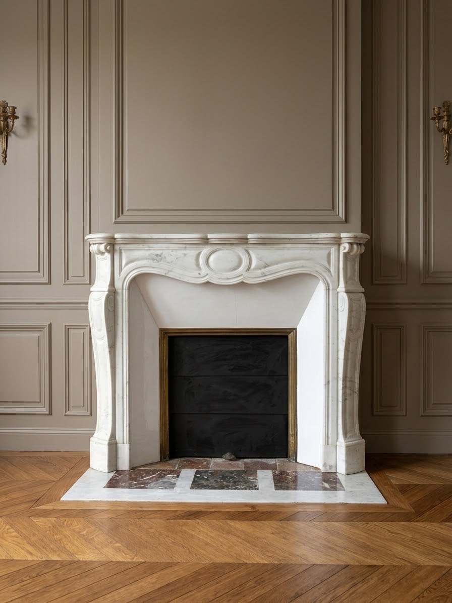 Cheminée ancienne en marbre Carrare style Pompadour à pieds Louis XV fin du XIXeme siècle 