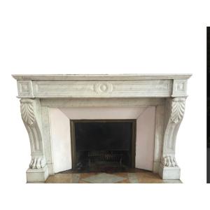 Antique Empire Style Fireplace In White Carrara Marble Dating From The End Of The 19th Century