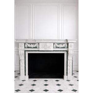 Cheminée En Marbre De Carrare Blanc Et Vert Antique De La Fin Du XIXème Siècle