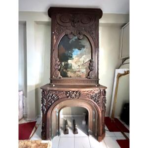 Solid Oak Fireplace With Richly Carved Trumeau Dating From The 19th Century
